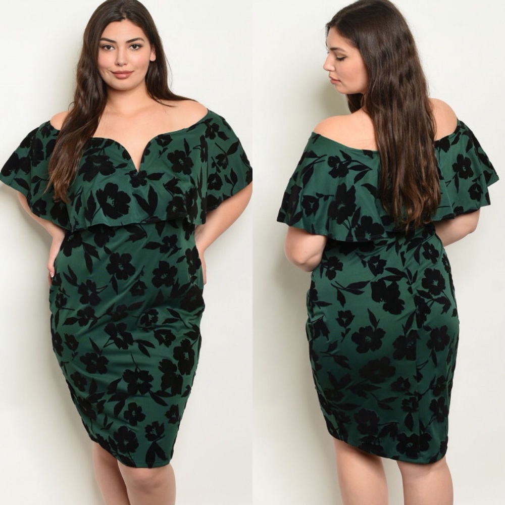 486 ❤️ 3X Plus Size Green Floral Off Shoulder Ruffle Dress - Picture 2 of 4